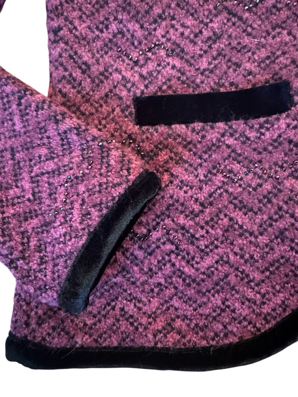 Vintage Icelandic Designs Purple Herringbone Knit Cardigan | Black Velvet Trim - Picture 4 of 11